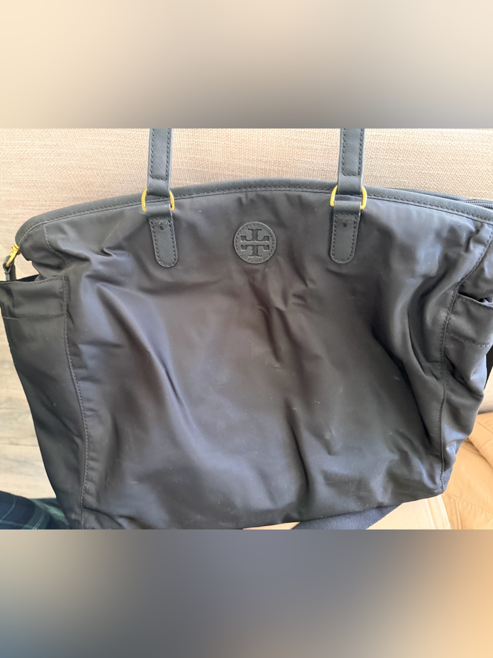 Tory Burch Black Nylon Logo Tote/Diaper Bag with Leather Trim